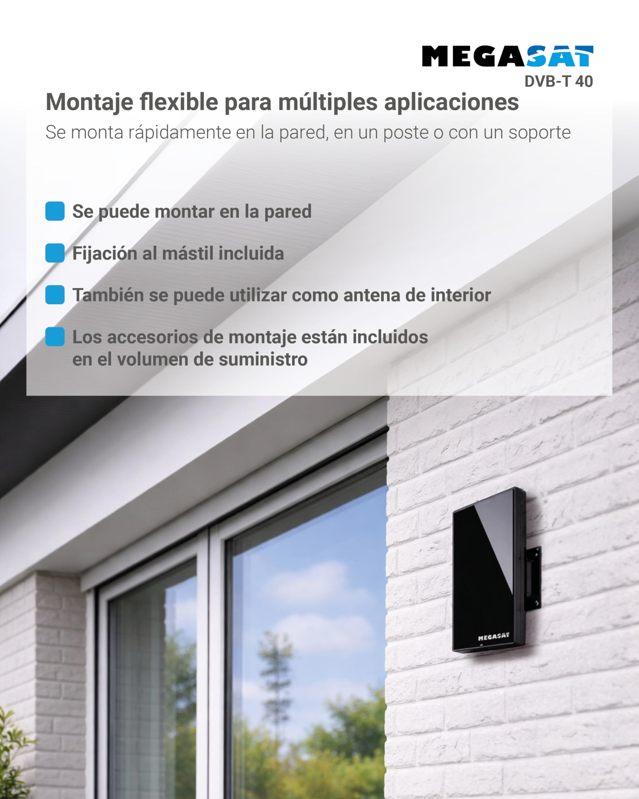 Megasat DVB-T 40 – Antena, Interior y Exterior, TV y Radio – Negro | TDT, FM, DAB/DAB+, carcasa impermeable, filtro LTE, amplificación de 28 dB