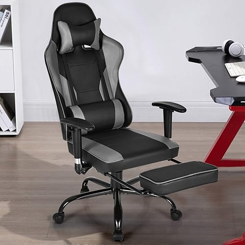 Miniatura 2 de GYMAX Silla para videojuegos, silla de juegos de computadora de respaldo alto con reposabrazos ajustables y soporte lumbar de masaje, silla de