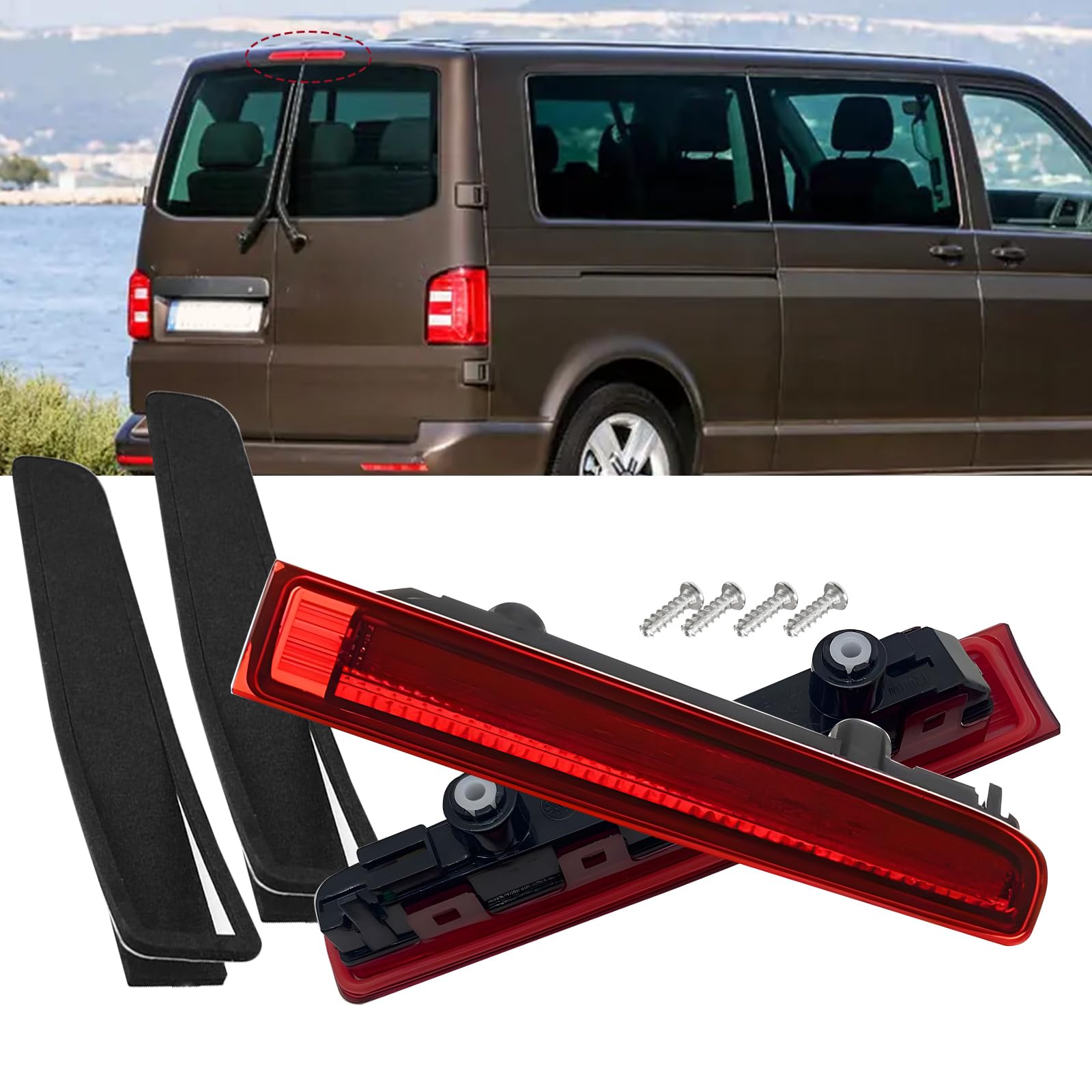 Troisième feu stop LED gauche et droit de niveau élevé de rechange pour T5 T6 Transporter - Lentille rouge compatible avec VW T5 2003-2015, T6 2015-2024