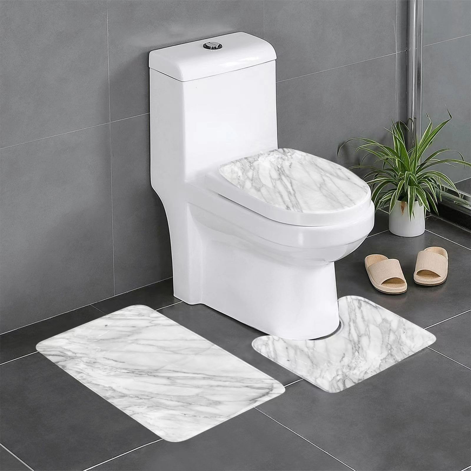 Set di 3 tappetini da Bagno, Lavabili in Lavatrice e Antiscivolo, tappetini in Morbida Fibra Superfine, Effetto Marmo, Sfondo Effetto Marmo.