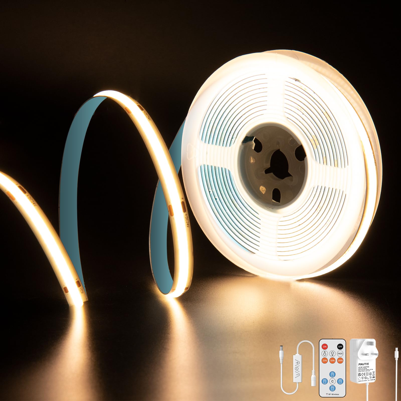 PAUTIX COB LED Strip 5M Warm White 3000K 24V Dimmable LED Strips CRI90+ LED Strip Lights with RF Remote and 24V Power Supply for Acoustic Panels Bedroom Kitchen Home