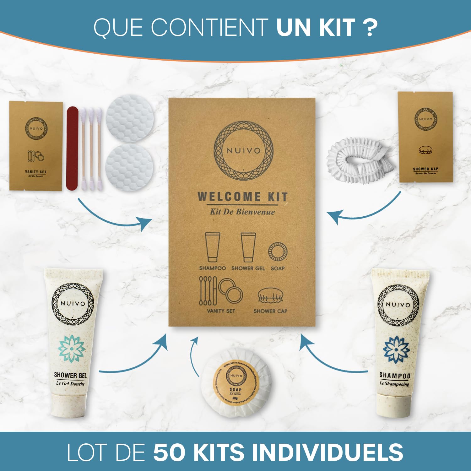 Pack de 50 Kits d’Accueil Écoresponsables Complets pour Hôtel, Airbnb, Gîte, Mariage – Mini Shampoing, Gel Douche, Savon, Vanity Kit, Bonnet de Bain – Sans Paraben - Format Voyage