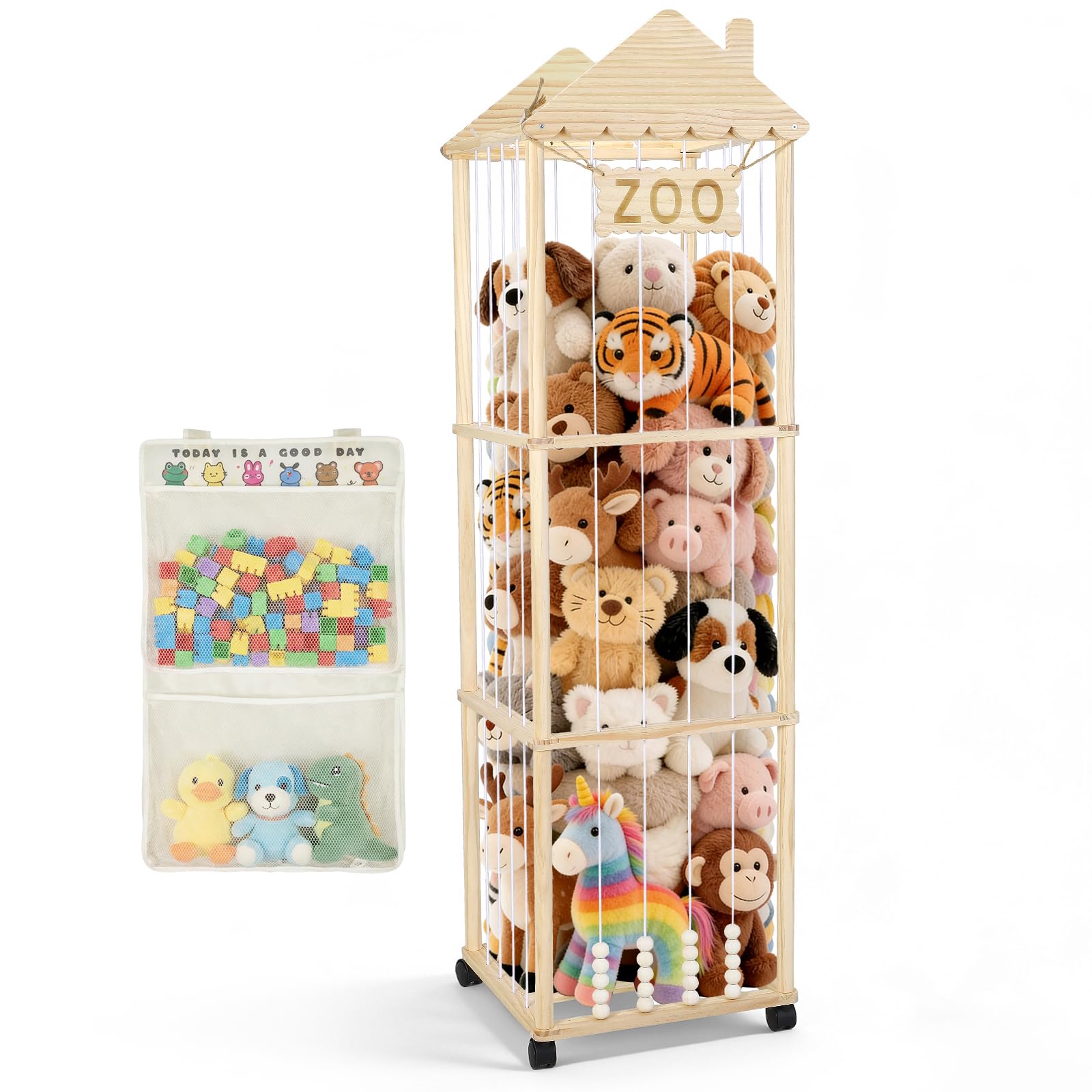 Contenitore per Peluche, 147x46x46CM Organizer per Peluchecon Ruote Girevoli a 360°, Porta Peluche per Cameretta dei Bambini, Soggiorno, Camera da Letto, Mobili per la Cameretta dei Bambini (Strisce)