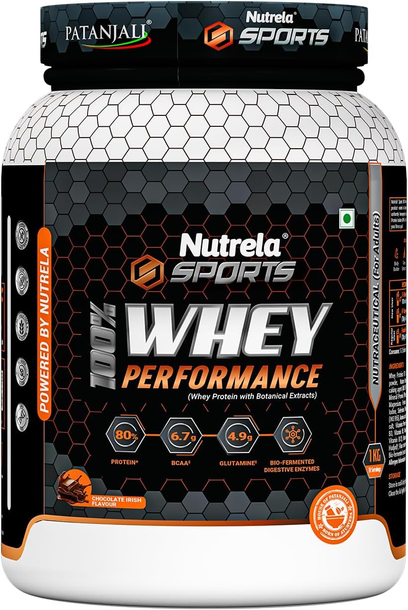 NUTRELA Sports Patanjali Whey Protein 1kg | Concentrate + Isolate | 24g Protein Per Scoop | 6.7g BCAA, 4.9g Glutamine with Digestive Enzymes for quick absorption & easy digestion | Muscle - Building & Recovery | 100% Vegetarian | Irish Chocolate