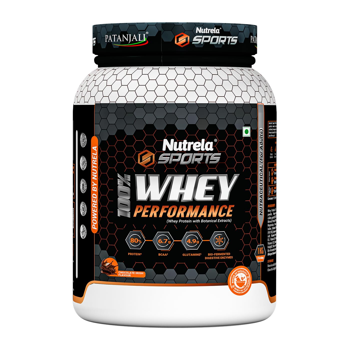NUTRELA Sports Patanjali Whey Protein 1kg | Concentrate + Isolate | 24g Protein Per Scoop | 6.7g BCAA, 4.9g Glutamine with Digestive Enzymes for quick absorption & easy digestion | Muscle - Building & Recovery | 100% Vegetarian | Irish Chocolate