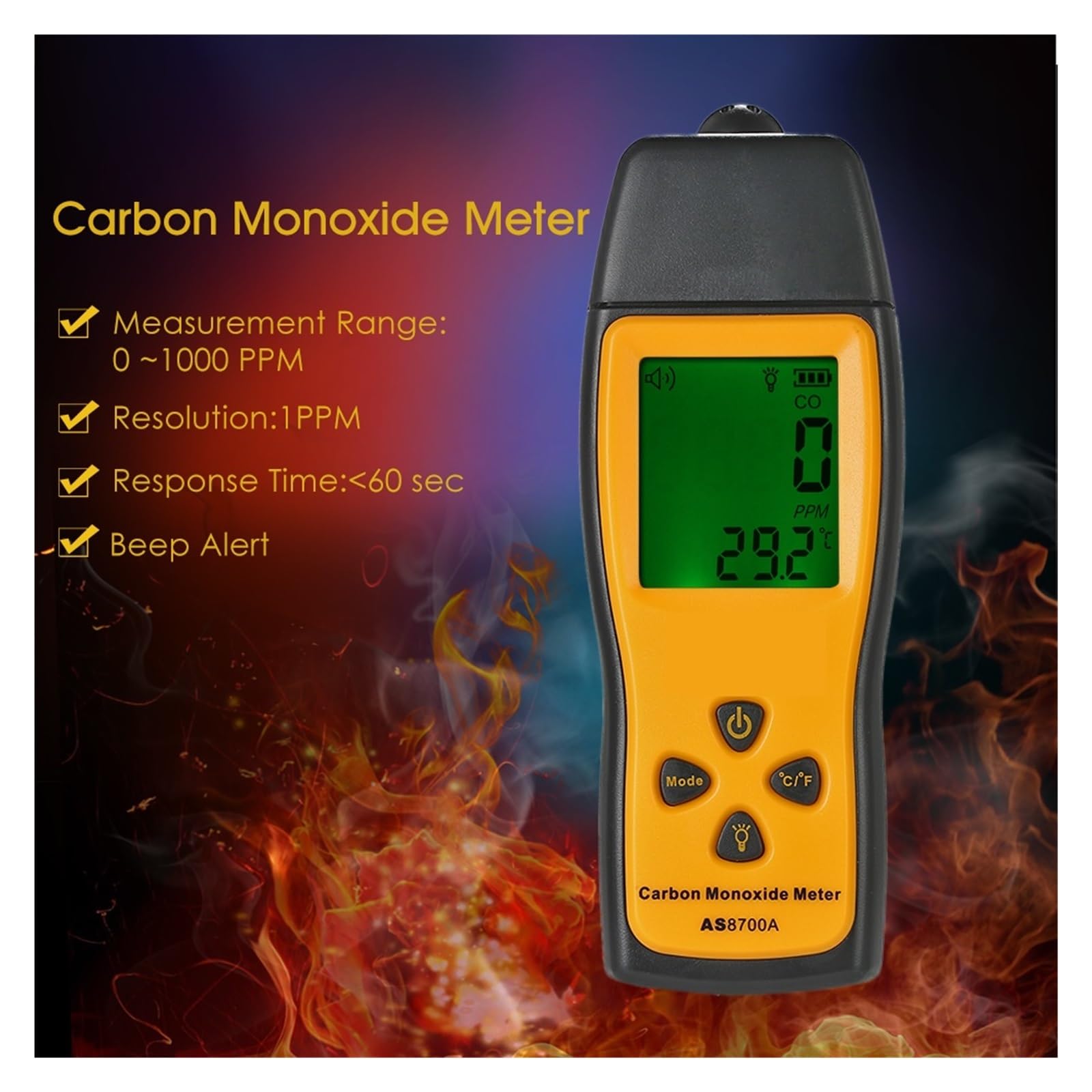 Detector de Gas portátil 0-1000ppm, medidor monóxido carbono con Monitor calidad del aire, probador CO, pantalla LCD Alta Precisión