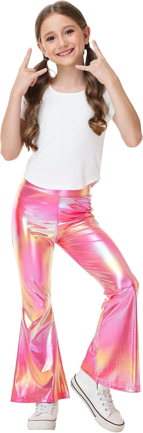 Girls Shiny Flare Pants Disco Dance Bell Bottoms Leggings 5-14 Years