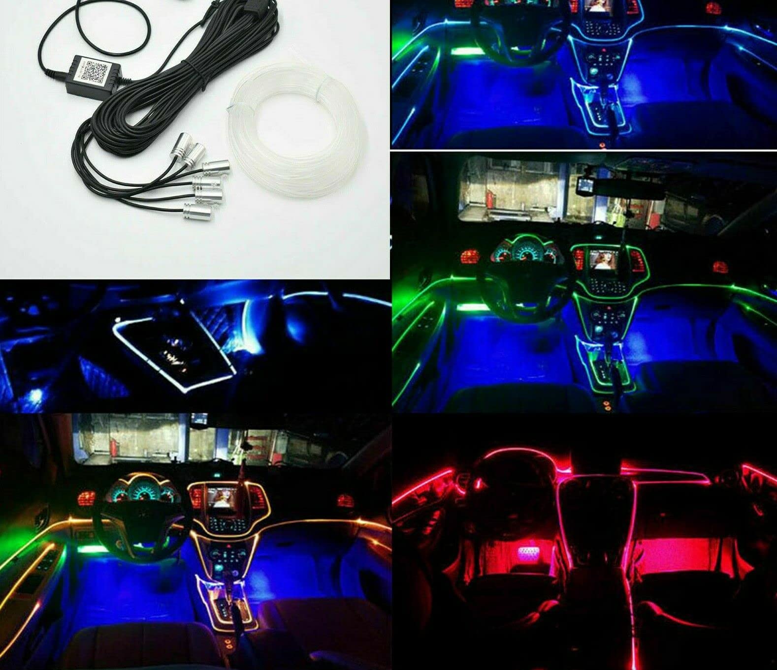 DISCORAMA LUCI LED PER AUTO CON COMANDO APP IN FIBRA OTTICA, LUCI LED 6 METRI RGB CON COMANDO MUSICALE 12V, LUCI AMBIENTALI PER AUTO