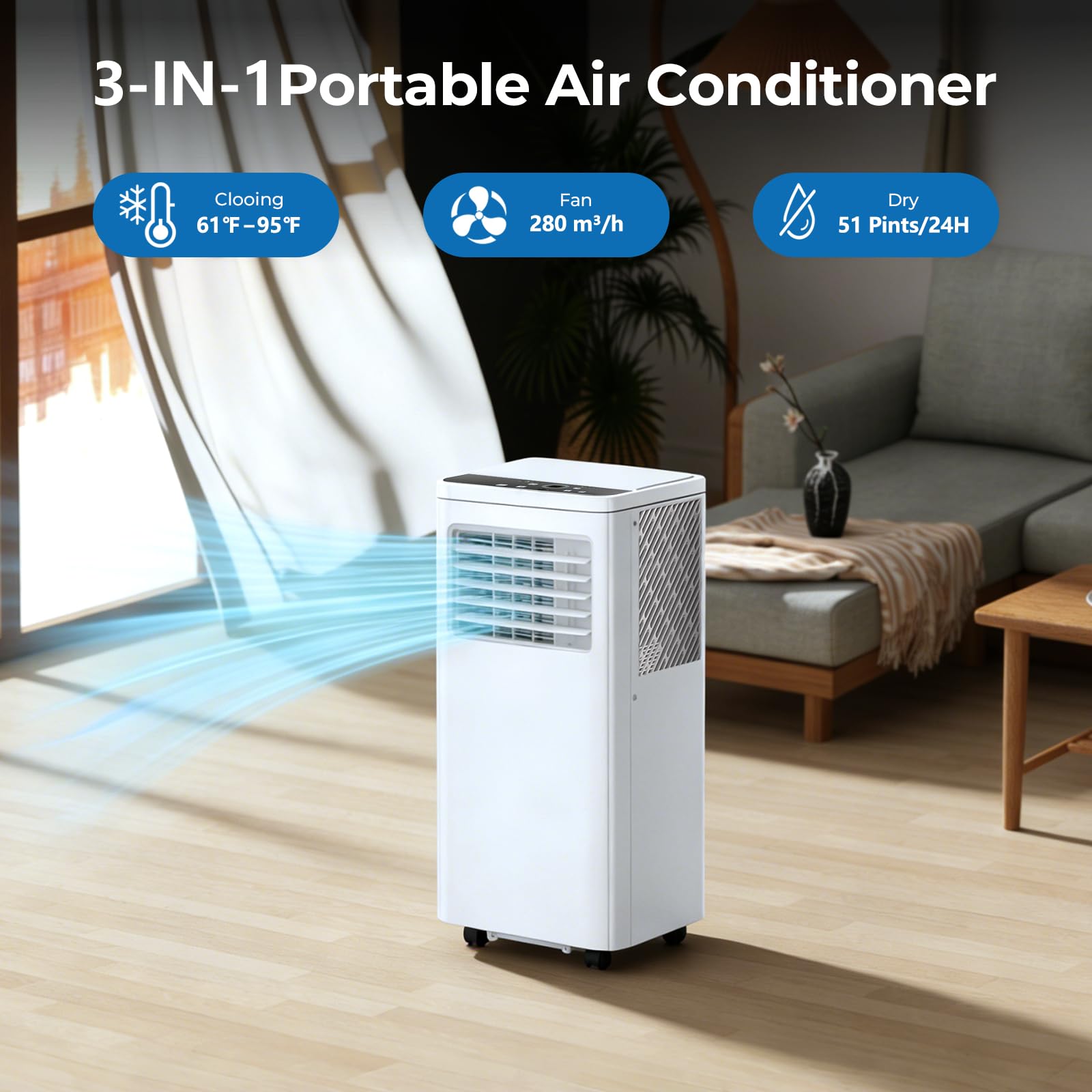 8,000 BTU Portable Air Conditioner with Cooling Dehumidifier Fan, Cools Room up to 350 sq ft, 3-in-1 AC Unit with Remote & Touch, 2 Speeds, 24H Timer, LED Display, Includes Window Kit, White - 2