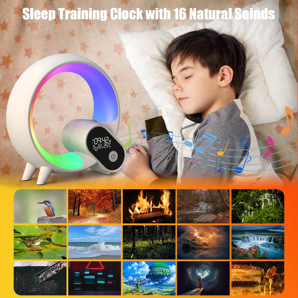VanSmaGo Sunrise Alarm Clock, Baby Sleep Sound Machine for Sleeping/Kids/Adults, Smart Sunrise Simulation Night Lights with 15 Soothing Sounds, APP, RC, Timer, Temp, Bedside Lamp, Bluetooth Speaker