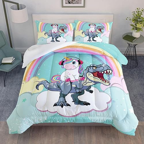 Miniatura 3 de Juego de edredón de unicornio de 3 piezas, juego de ropa de cama de dinosaurio de dibujos animados para niños, juego de cama de estrellas nubladas