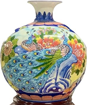 Handmade Peacock Ceramic Vase Bat Trang Vietnam Hand-Painted Floral Art Vase for Home Decor, Table Centerpiece, Living Room Decor 25 cm