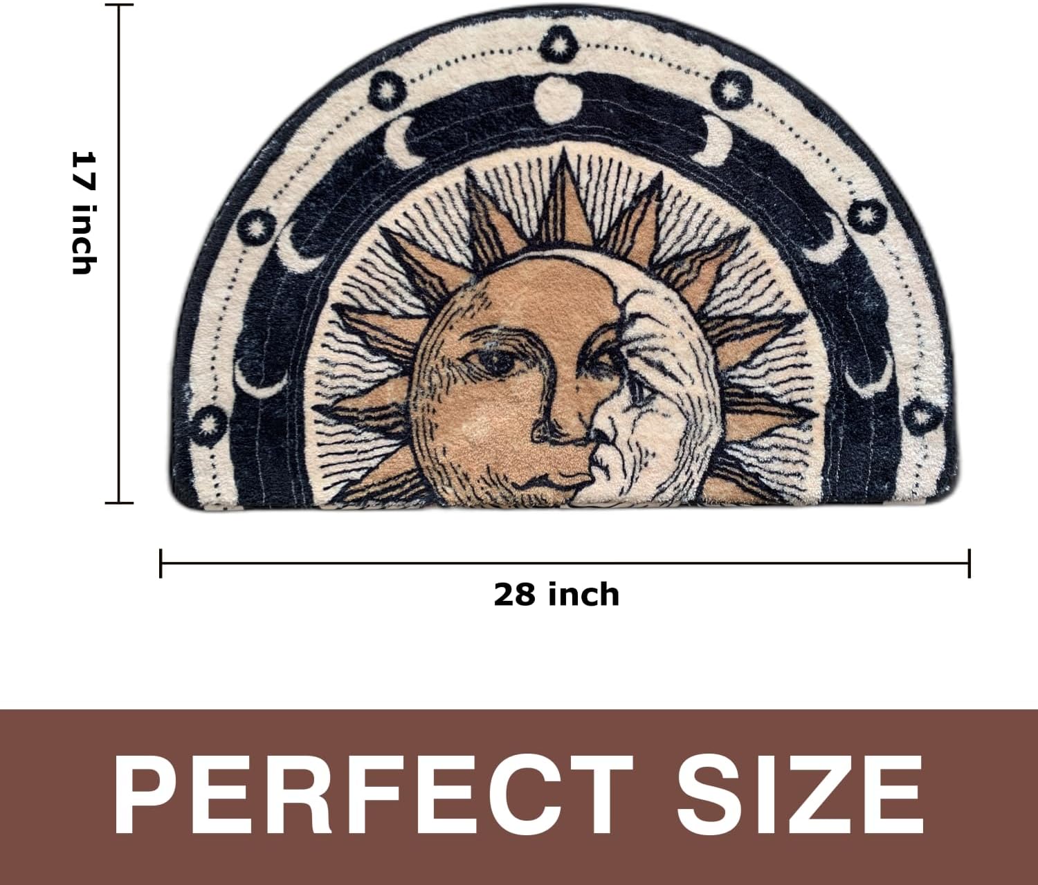 Semi Round Boho Bathmat Sun and Moon Fun Bath Mat Non Slip Washable Bathroom Decor Half Circle Bohemian Home Floor Doormat Semicircle Indoor Rug (White, Short Pile)