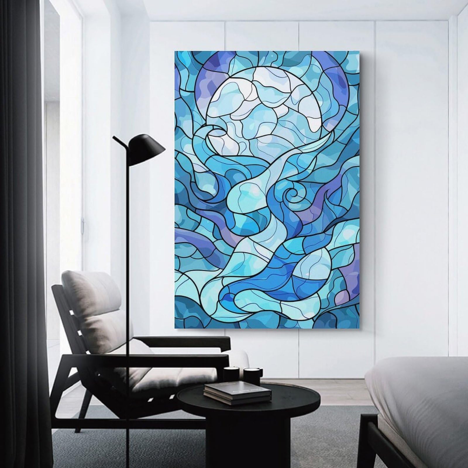 Junmoney Abstract Blue Stained Glass Waves Canvas Wall Picture 12x18inch(30x45cm), for Contemporary Homes, Apartments Or Offices, Wall Decor with Flexible Room Appeal