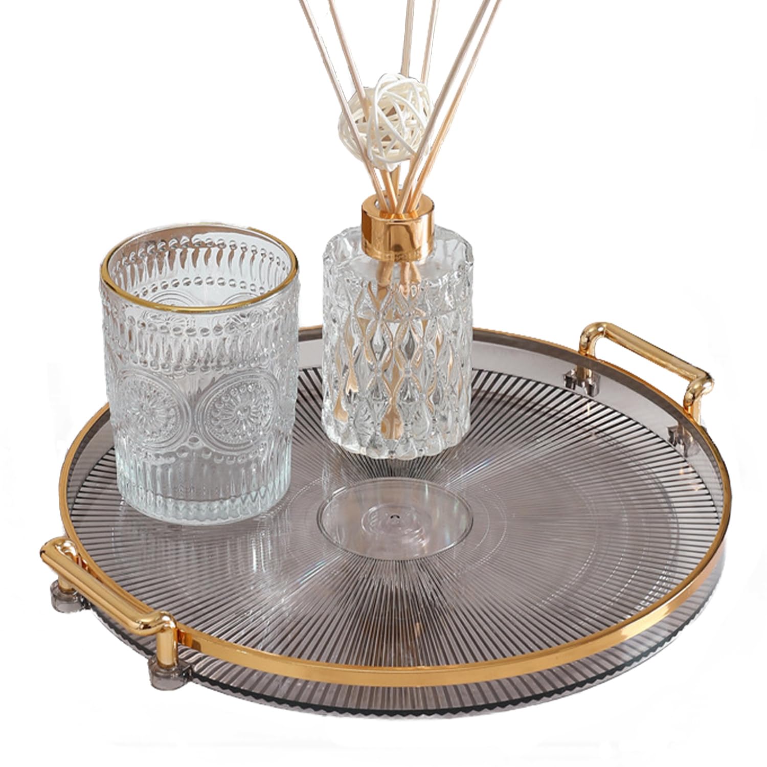 Tissting Decorative Tray 27cm Round Anthracite Gold Transparent Serving Holder with Handles