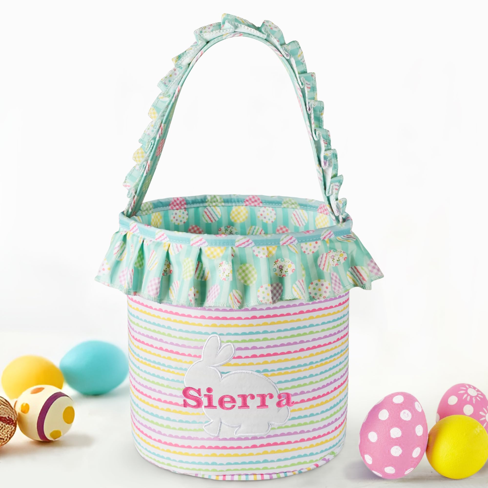 Personalized Easter Basket, PEMIRSAYO Easter Baskets for Kids, Bunny Easter Basket, Easter Egg Hunt Basket, Idea Easter Gifts, Easter Egg Basket - Colorful Stripes Basket With Easter Egg