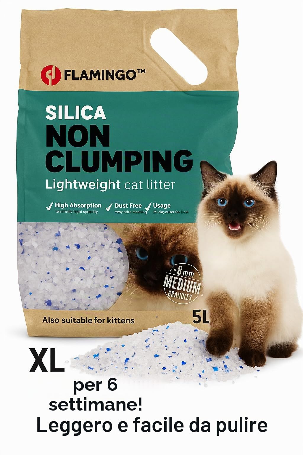 Flamingo lettiera per gatti - lettiera silicio per gatti -Silicio Granulato Medio - 5L (Fino a 6 Settimane)- Ultra Assorbente - Super leggero, senza polvere e di durata extra lunga!