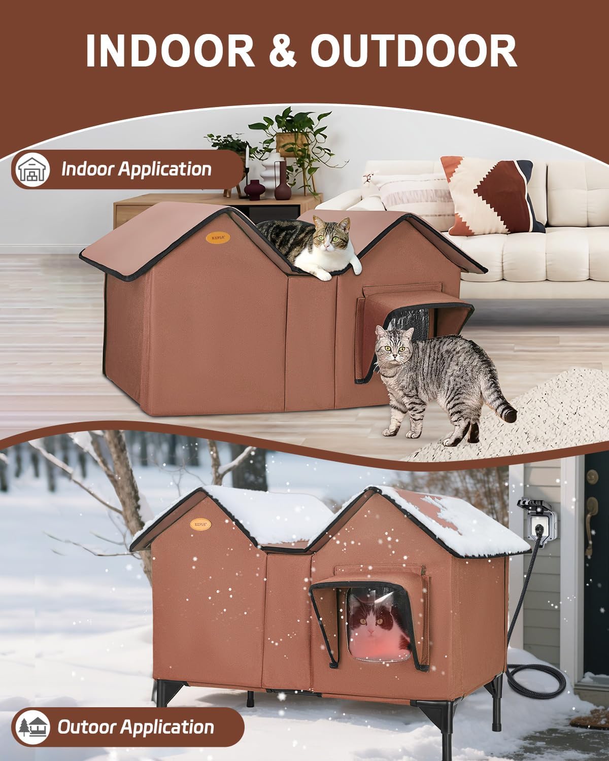 Heated Cat House for Outside Cats in Winter, Extra Large Heated Outdoor Cat House Weatherproof Insulated with Elevated Base & Escape Door, Waterproof Cat Shelter for Multiple Cats Feral Stray Kitty