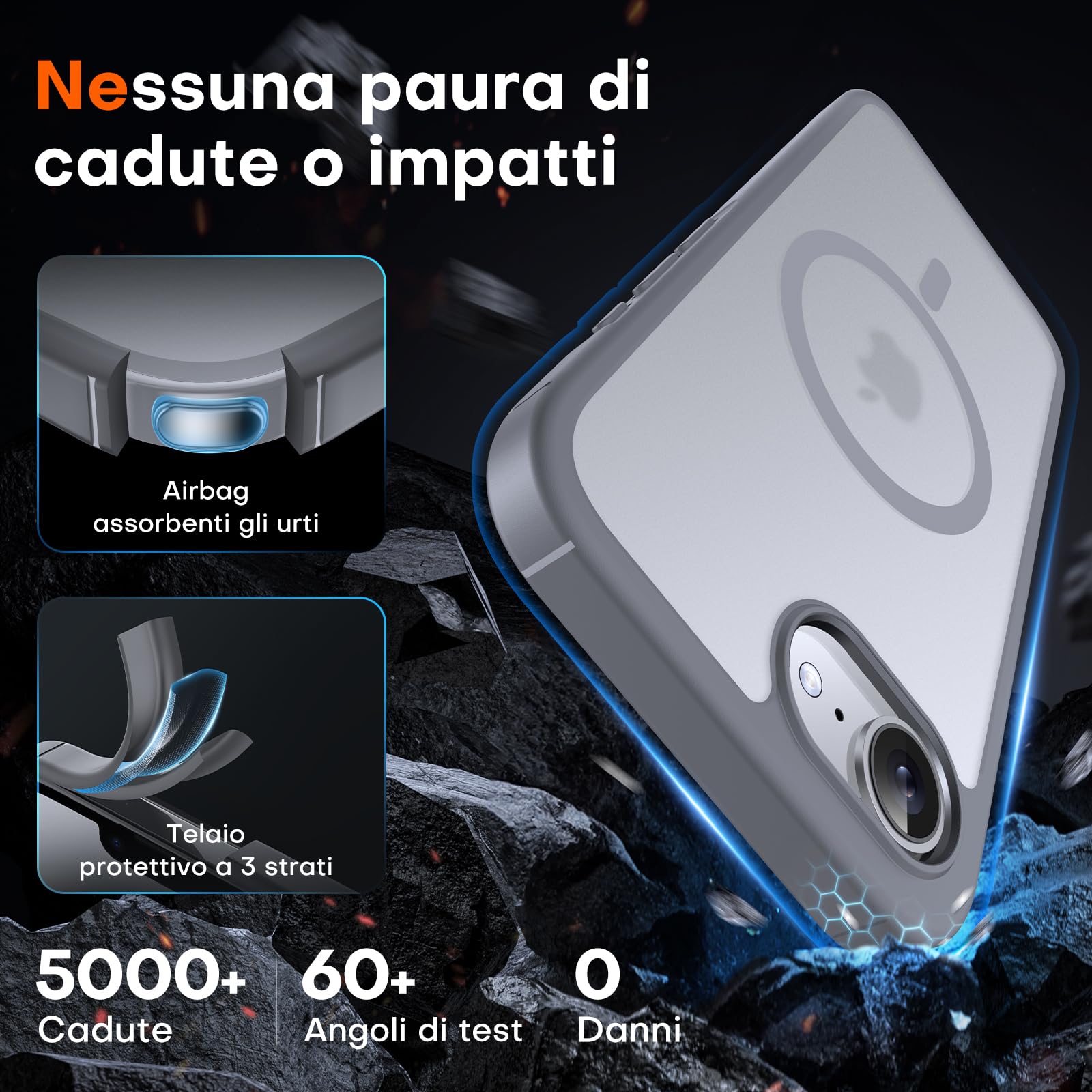 TOCOL Cover Magnetica per iPhone 16e 6,1 Pollic, Compatibile con MagSafe, Custodia Antiurto Traslucida Opaca, Titanio Grigio