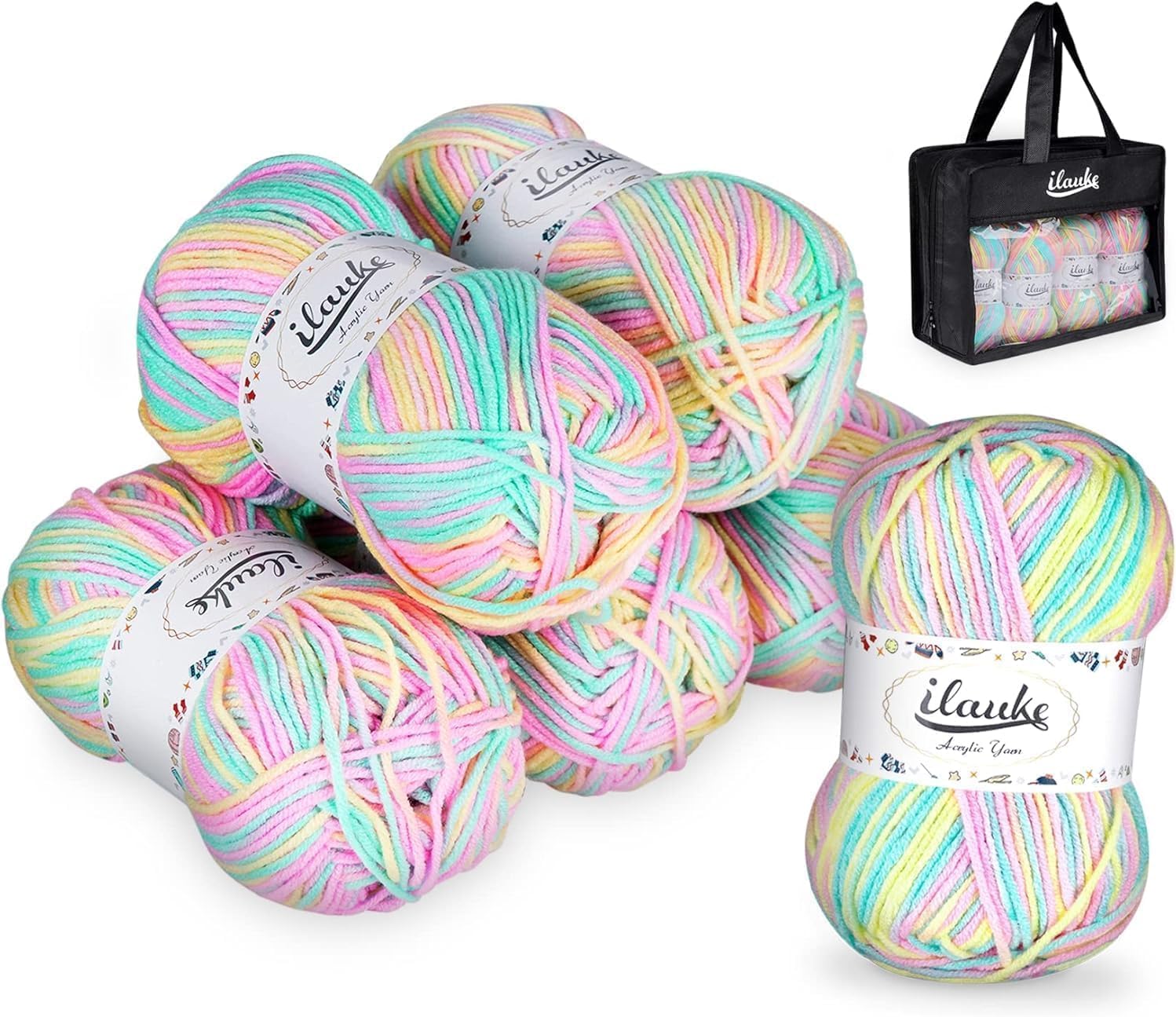 300G (50Gx6) Wool for Crochet, Double Knitting Wool, Soft and Warm Dk Yarn, Multicoloured Acrylic Yarn, Weaving, DIY Craft Projects, Blankets, Bags(Pink Yellow Blue,4-Ply)