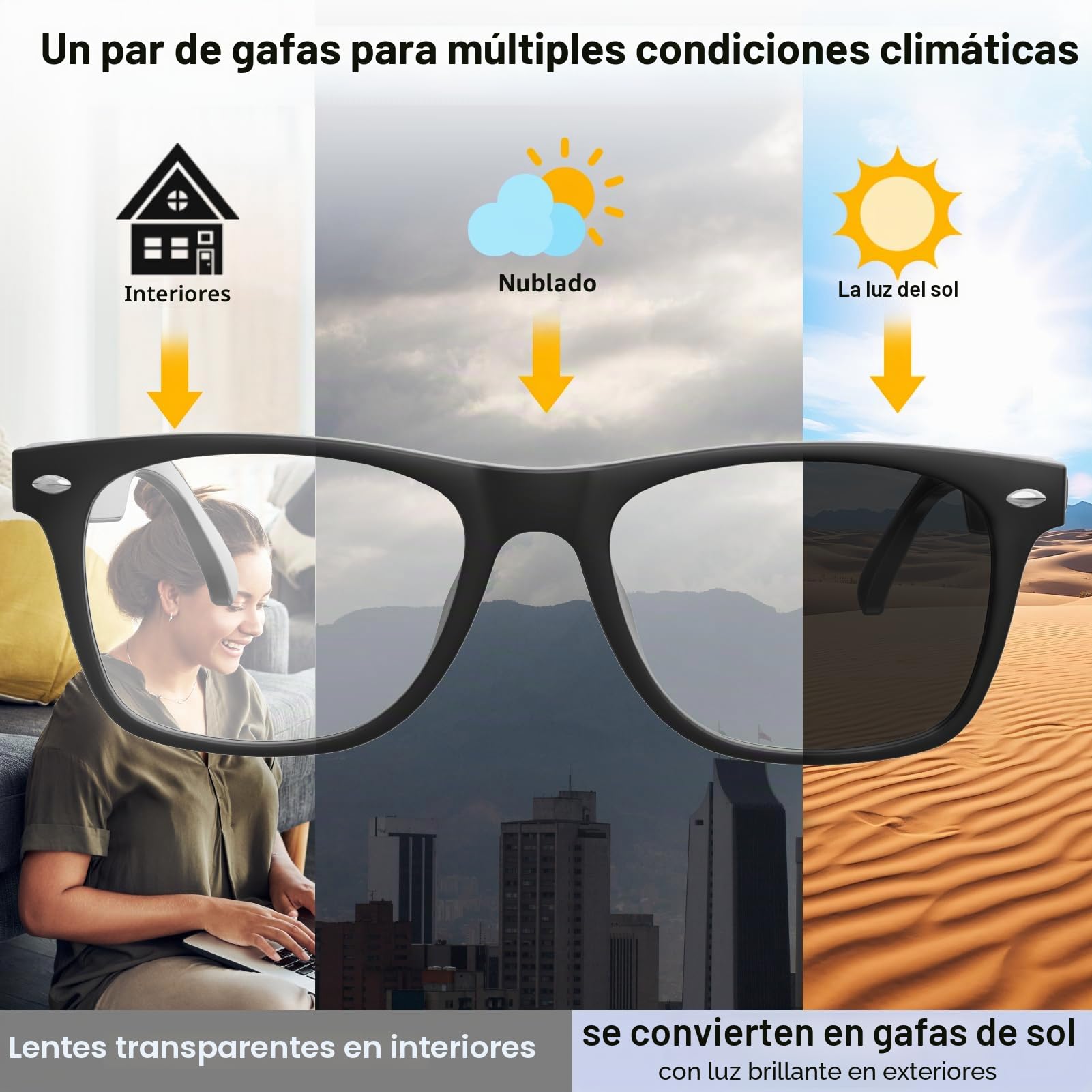 Gafas inteligentes con IA para hombres y mujeres con ChatGPT, gafas Bluetooth con traducción de 165 idiomas, lente que cambia de color, análisis de reuniones, reproducción de música, llamadas manos