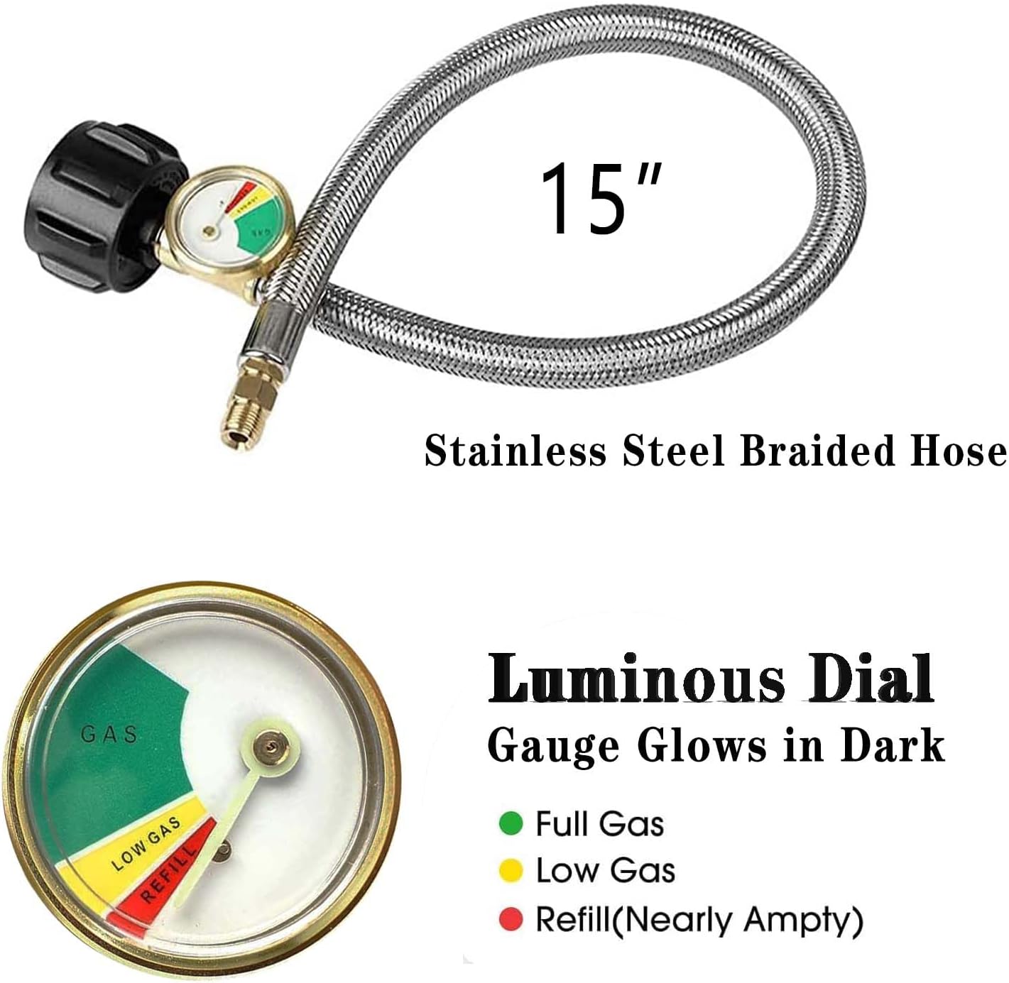 LUIXINFQIZZ RV Propane Regulator 2 Tank Hoses, 2-Stage Propane Regulator with Two 15" RV Pigtail Propane Hoses with Gauge, Stainless Steel Braided QCC1 1/4" Inverted Male Flare