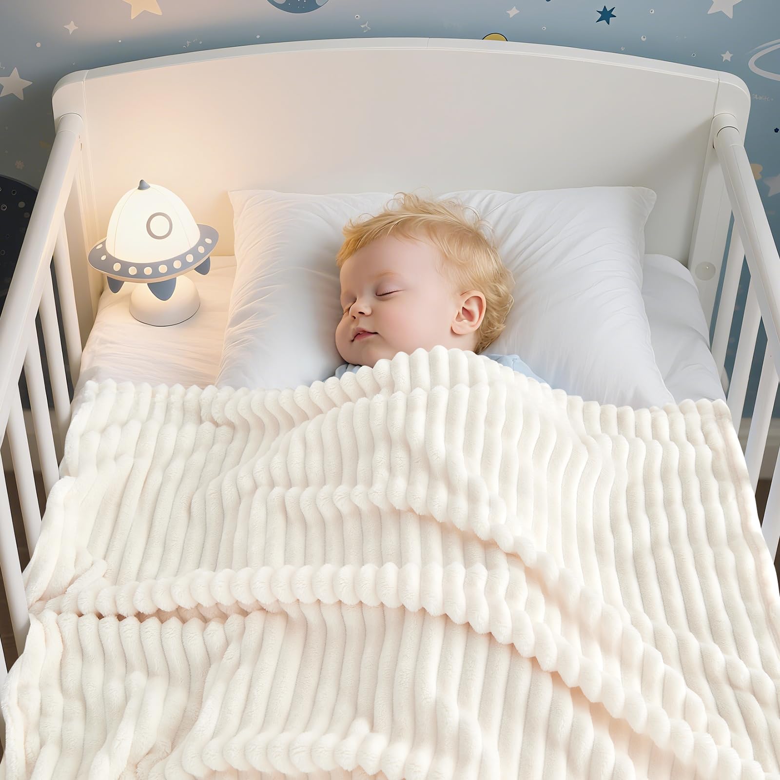 Soft Fleece Baby Blanket Ultra Cozy Baby Blankets for Boys Girls Warm and Lightweight Infant Toddler Newborn Receiving Gift with Reversible Stripes for Crib Stroller, 30x40 Inch, Cream