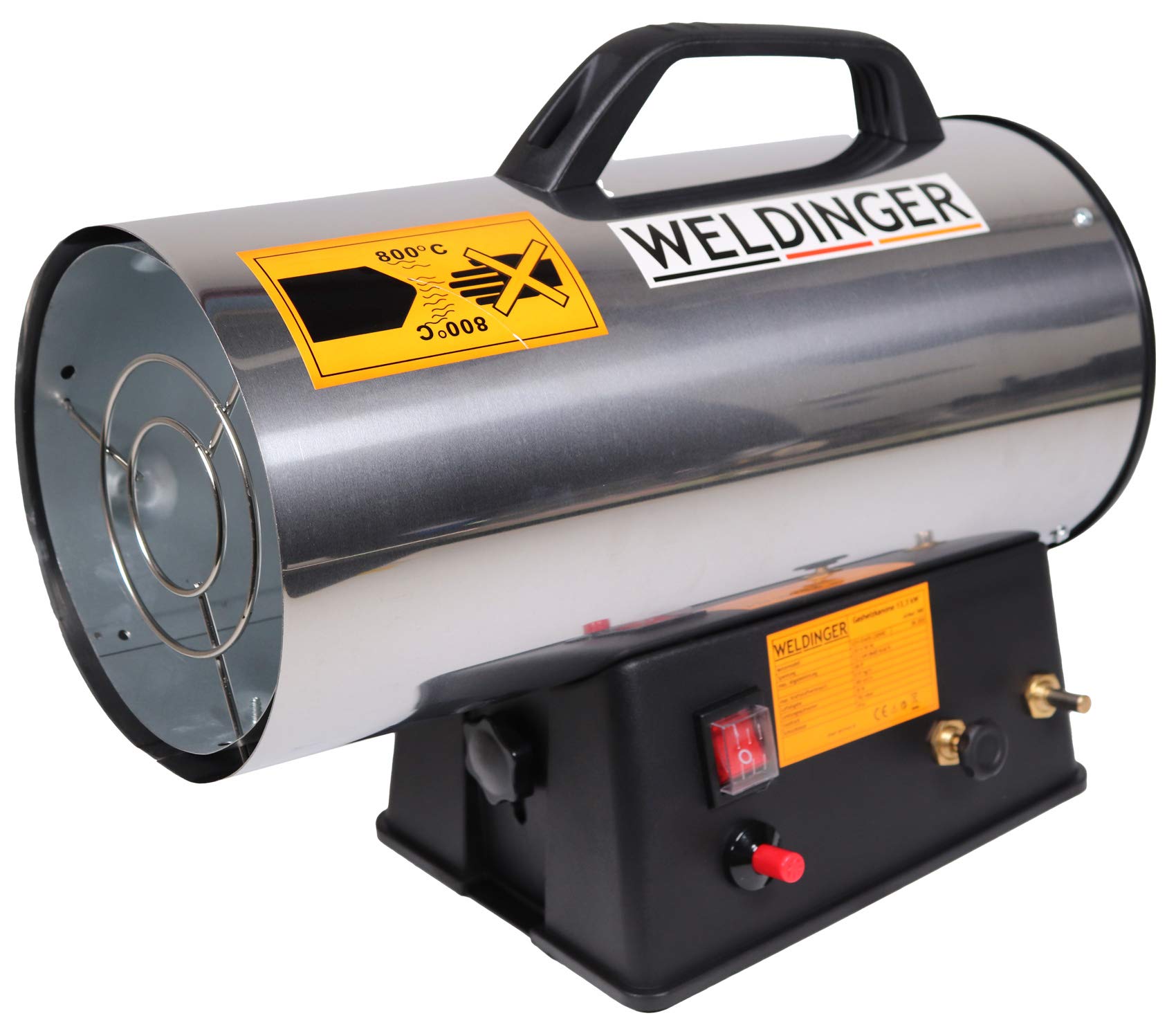 WELDINGER Gasheizkanone 13,3 kW Edelstahl mit Piezozündung Set mit Schlauch + Regler Heizgerät Bauheizer Heizgebläse