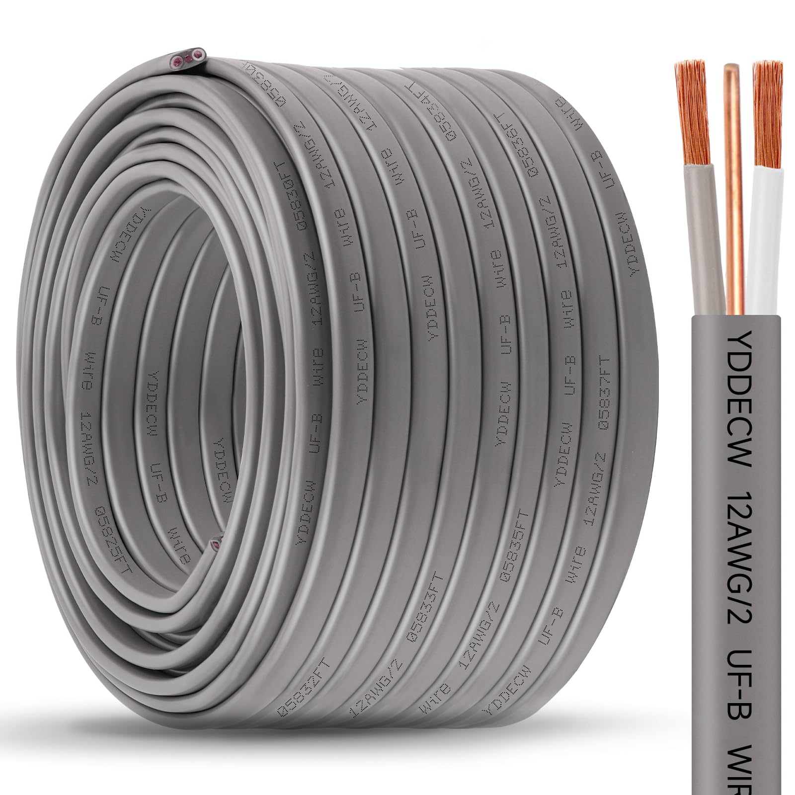 YDDECW 12/2 UF-B Wire - 250FT 100% Pure Copper 12AWG 2 Connector Direct Burial Electrical Cable 12 Gauge for Underground Feeder Wet or Corrosive