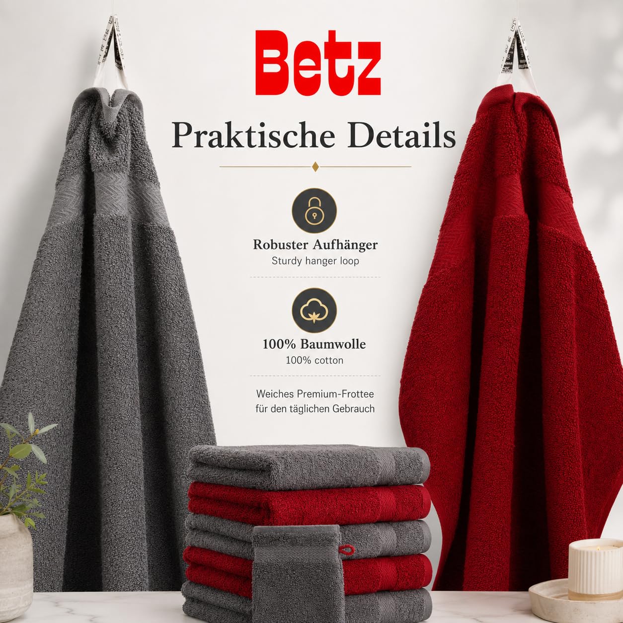 Betz 10-teiliges Premium Handtuchset - 100% Baumwolle Frottee - Saugstark & Hautsympathisch - 2X Duschtücher - 4X Handtücher - 2X Gästetücher - 2X Waschhandschuhe - Farbe Dunkelrot & Anthrazit