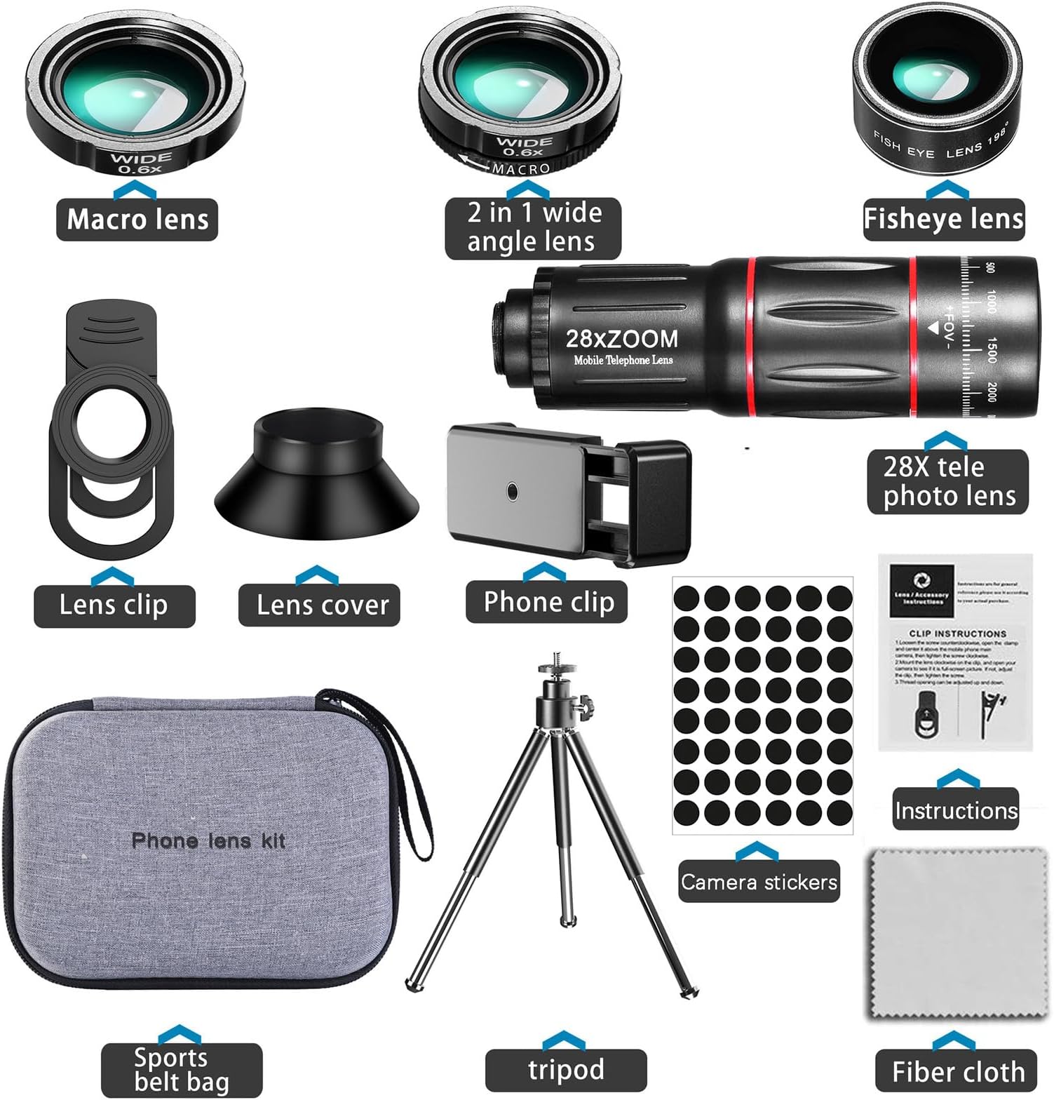 Phone Camera Lens Kit Upgraded Version Telephoto 28X Wide Angle 0.6X Macro 20X