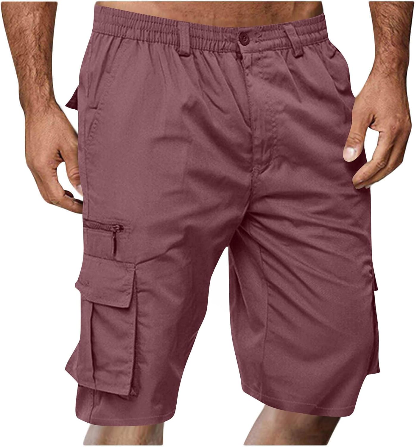 Mens Cargo Shorts Button Loose Casual Elastic Waist Outdoor Hiking Shorts Solid Straight Leg Workout Short Pants