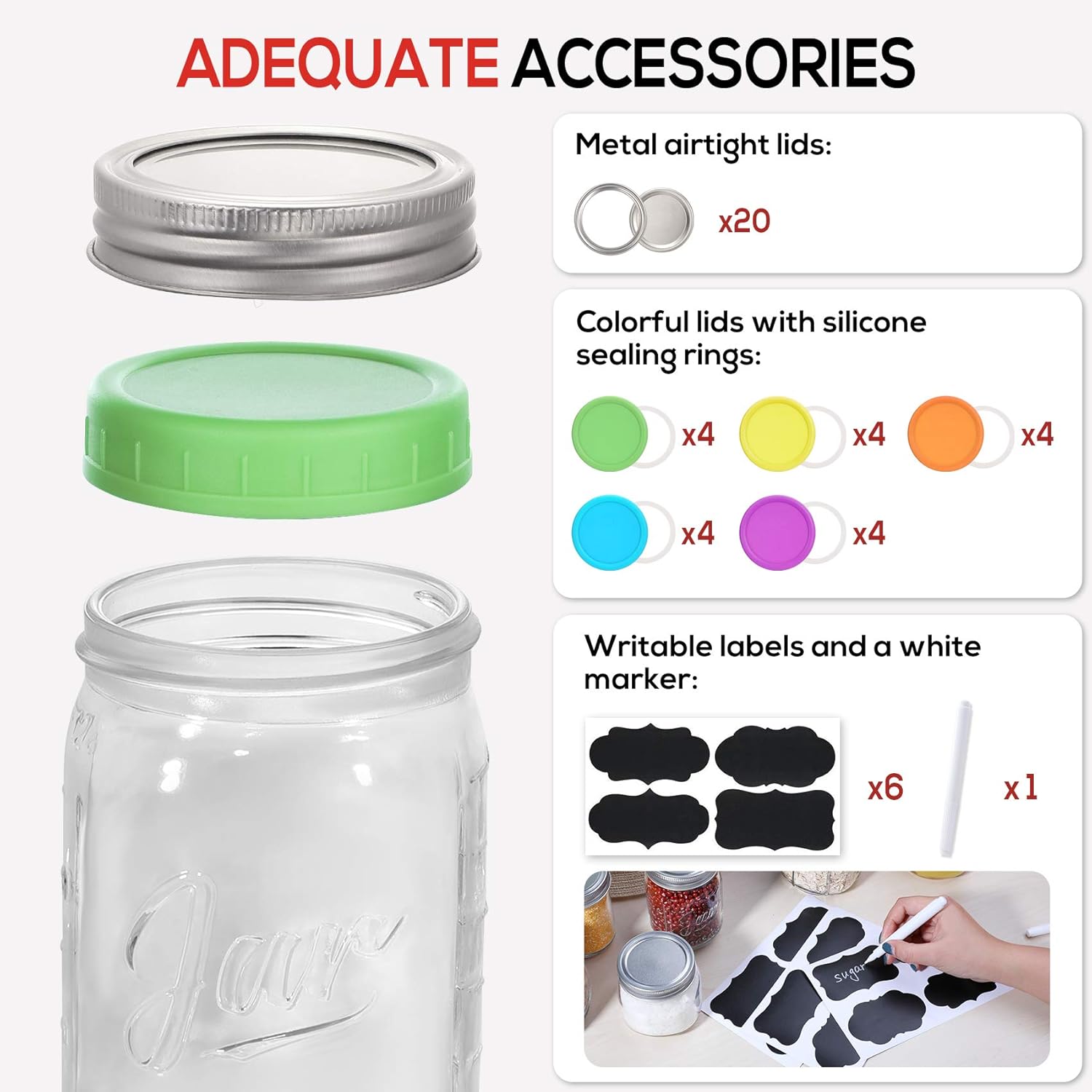 Aozita 20 PACK Glass Mason Jars 12 oz, Regular Mouth Canning Jars with Metal Airtight Lids, Leak-Proof Colored Lids, Chalkboard Labels, Marker, for Meal Prep, Food Storage, Canning, Preserving: Home & Kitchen