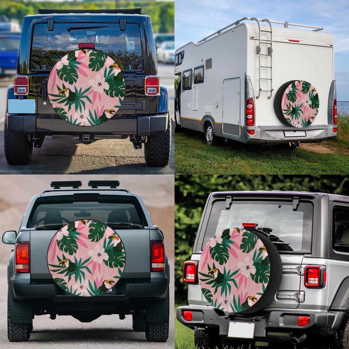 Flowers Toucans Tire Covers Portable Spare Tire Cover Soft Durable Waterproof Dustproof Set of 4 Bags 15 Inches for Car Truck SUV Trailer Camper
