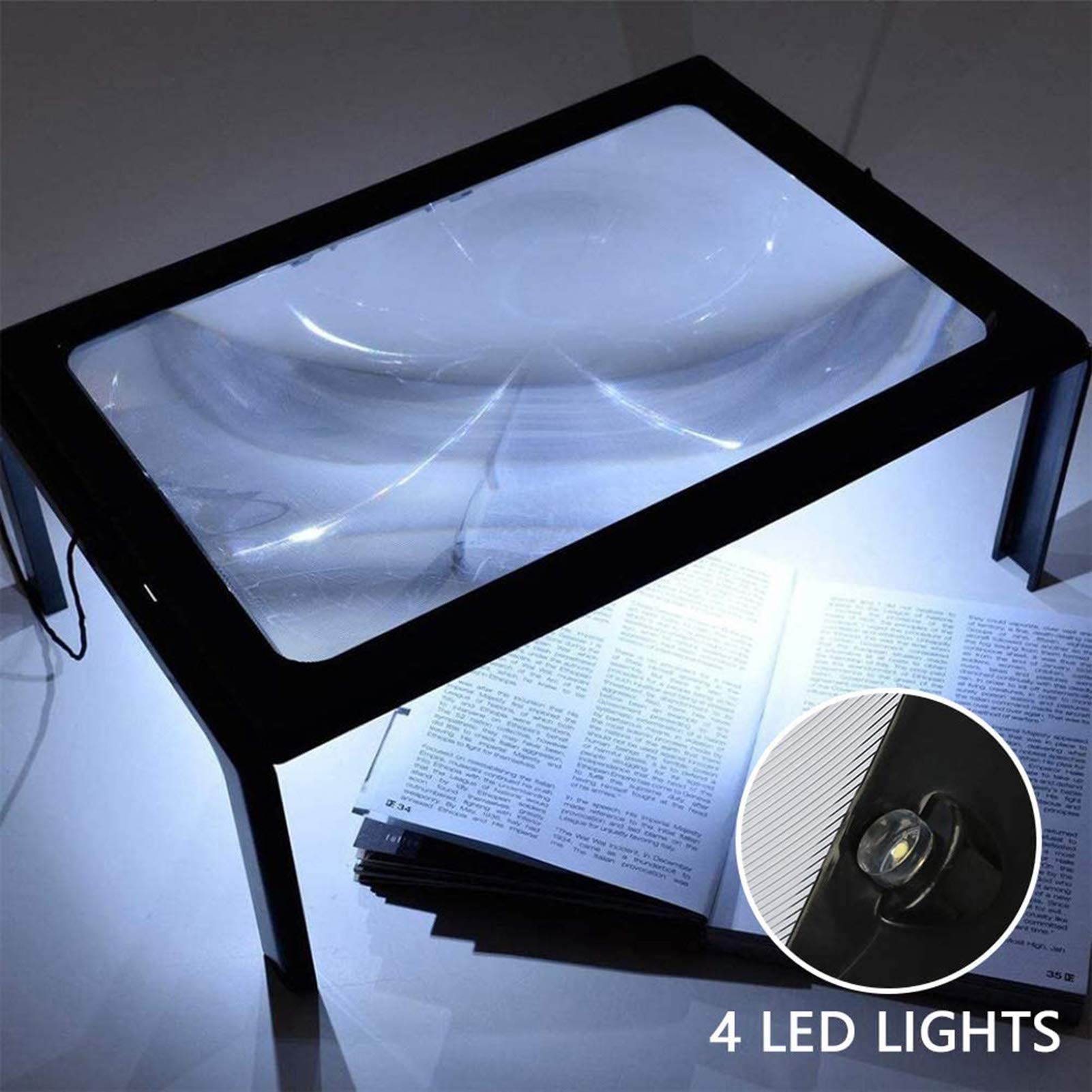 Lente d'ingrandimento completa 3X, A4, rettangolare, vivavoce, rettangolare, pieghevole, con lente d'ingrandimento a LED a 4 luci, aiuto per la lettura di libri con piccole stampe