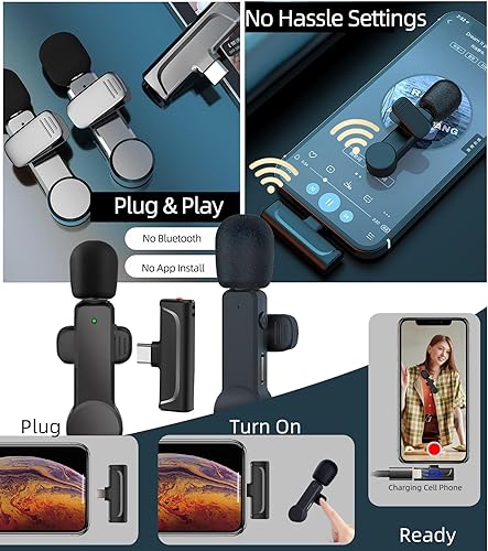 Miniatura 5 de Paquete de 2 micrófonos Lavalier USB C Wireless Lav Mic para teléfono Android, cancelación de ruido, mini micrófono de solapa tipo C para Samsung