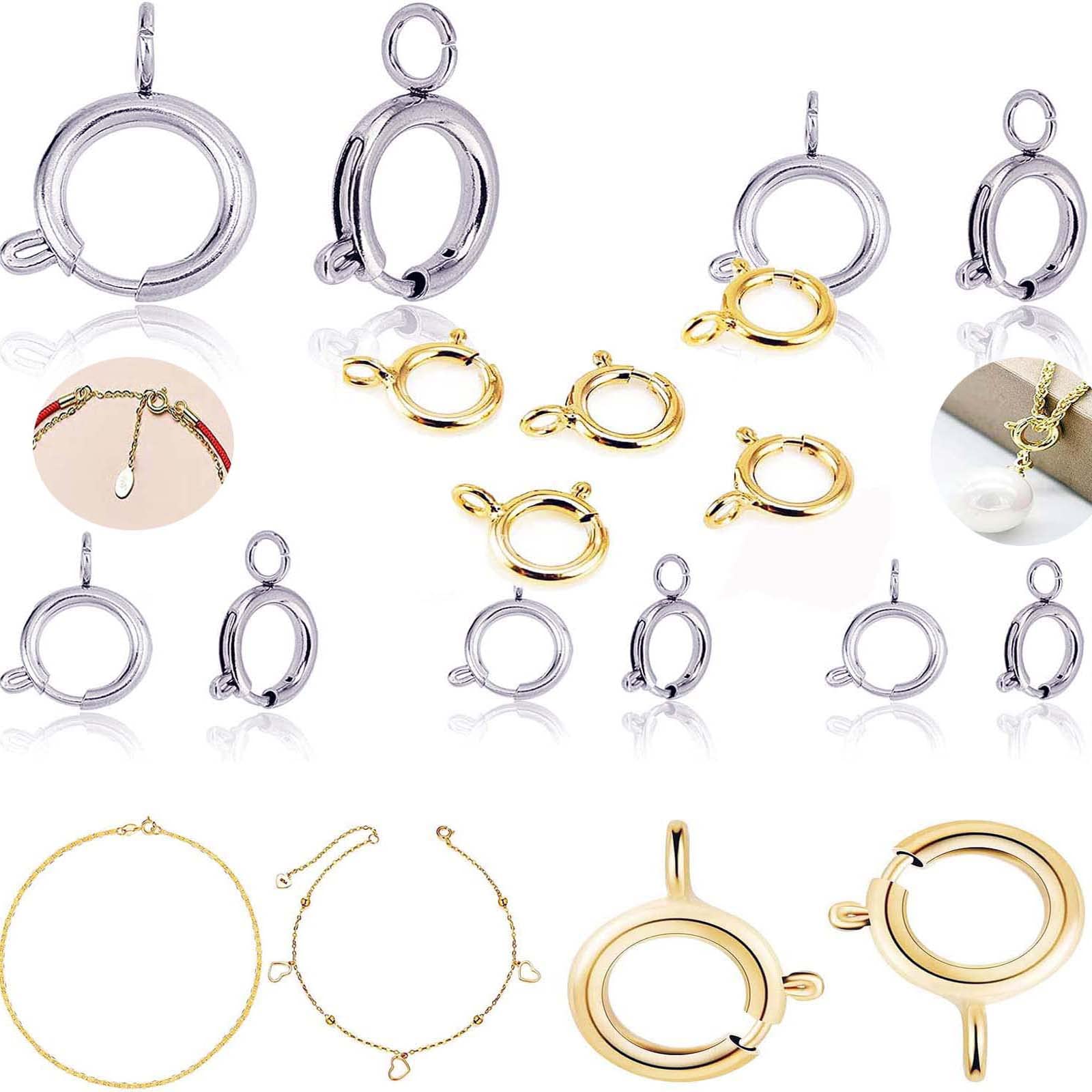 DIY Crafts (40 Pcs, Bright Gold) 12.6mm x 3mm Spring Clasps Stainless Steel Spring Ring Clasps Closed Ring Clasps Smooth Surface Clasp Connector Findings for DIY Jewelry Making, Color