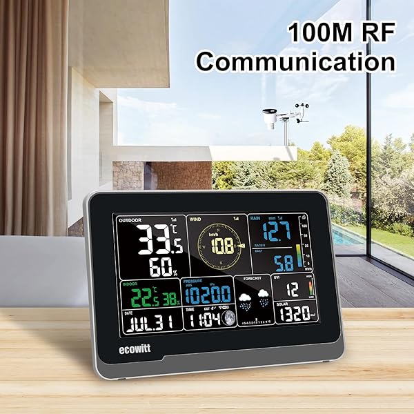 Ecowitt Stazione meteo Wi-Fi, 7 in 1 Sensore solare senza fili da giardino WS69 + 3 in 1 console interna da 7,5 pollici LCD a colori con grande display, sistema di monitoraggio meteo 868 MHZ - 5