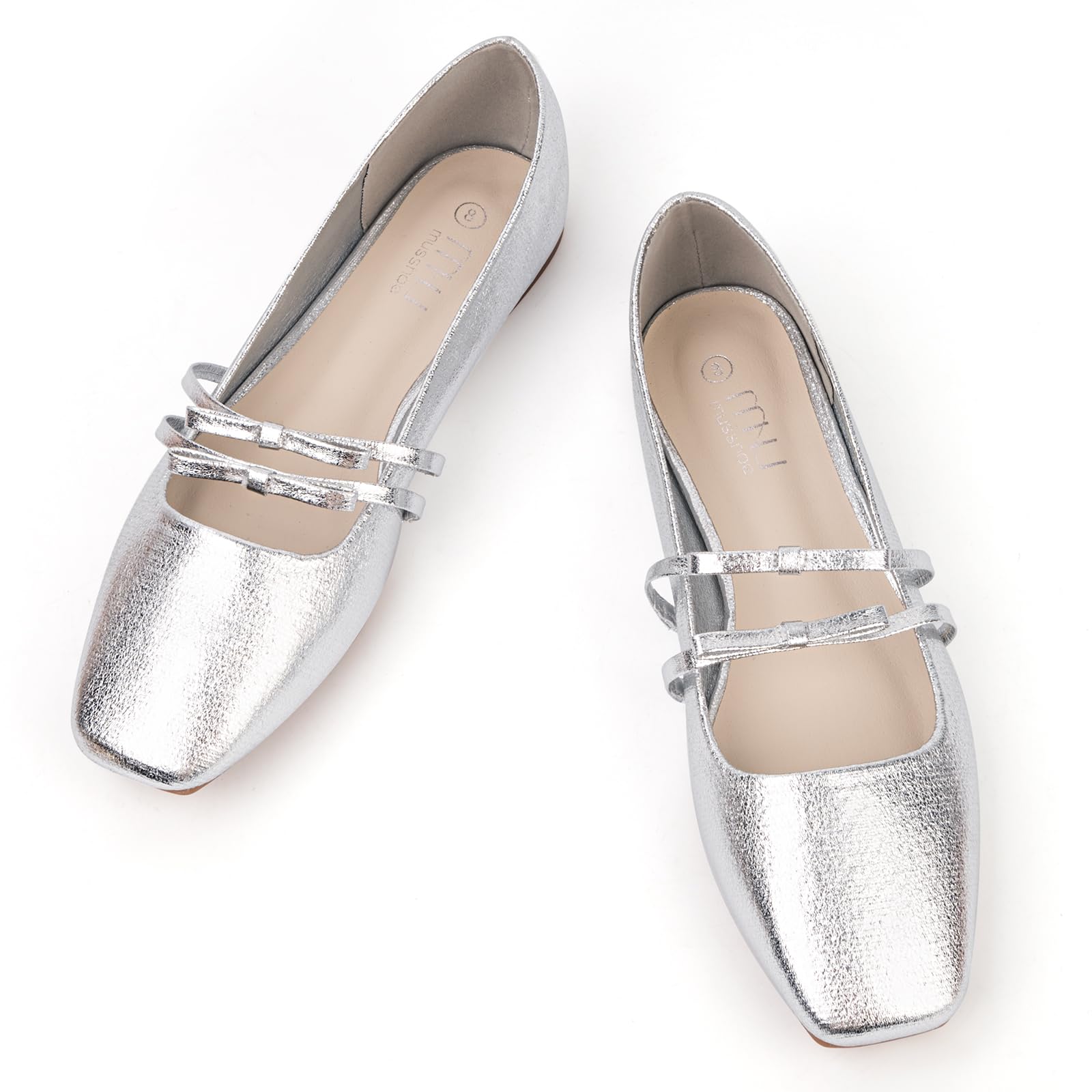 MUSSHOE Mary Jane Shoes Womens Ballet Flats with Strap Comfortable Flats for Women Square Closed Toe Shoes Silver
