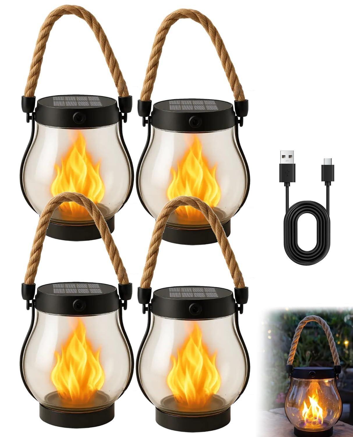 Lanterne Solaire D'extérieur Kaliqo Avec Effet Flamme Vacillante - Étanche, Charge Solaire/USB, 1200 MAh, Pour Jardin, Terrasse, Ambiance Chaleureuse - 3
