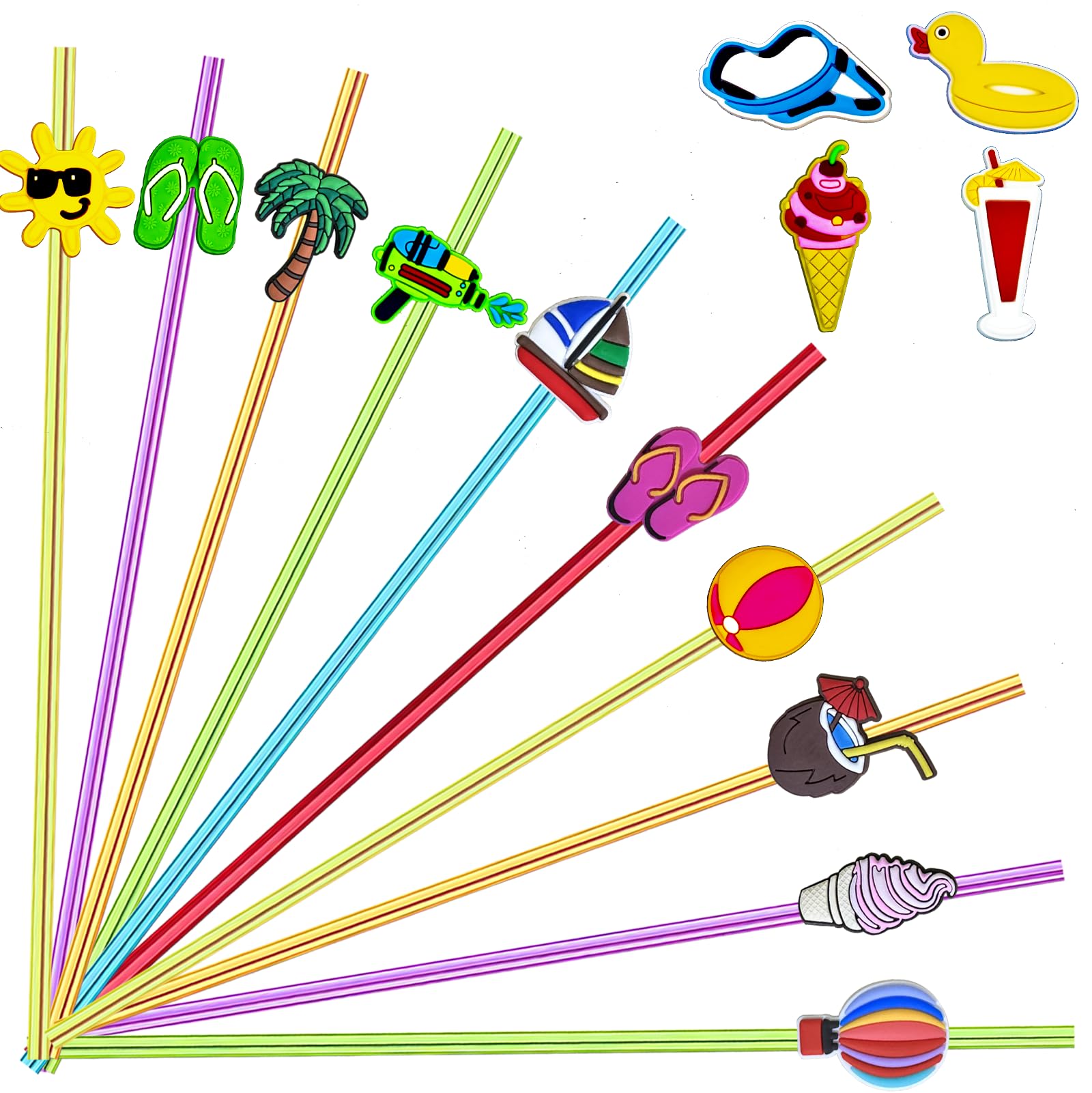 28pcs Pool Party Themed Reusable Crazy straws，Summer Beach Party Decoration Party Supplies Silly Straws，14 Design Pool Party Favors With 2 Cleaning Brushes 6 Color Straws