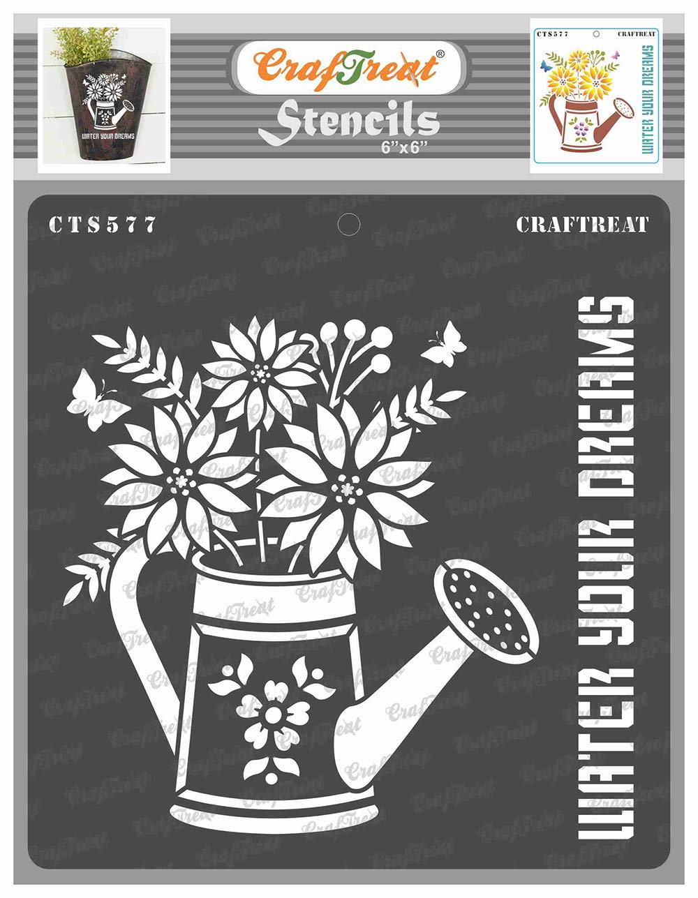 CrafTreat Reusable Flower Stencils for Painting on Wood, Canvas, Paper, Fabric, Wall and Tile - Watering Can - 6x6 Inches - DIY Art and Craft Stencils