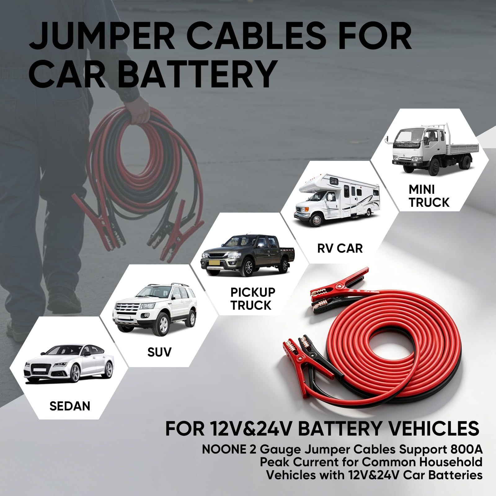 NOONE - Cables de puente para batería de coche, calibre 2 de 16 pies, cables de arranque de coche para arrancar con salto, baterías muertas o débiles (2 AWG x 16 pies)