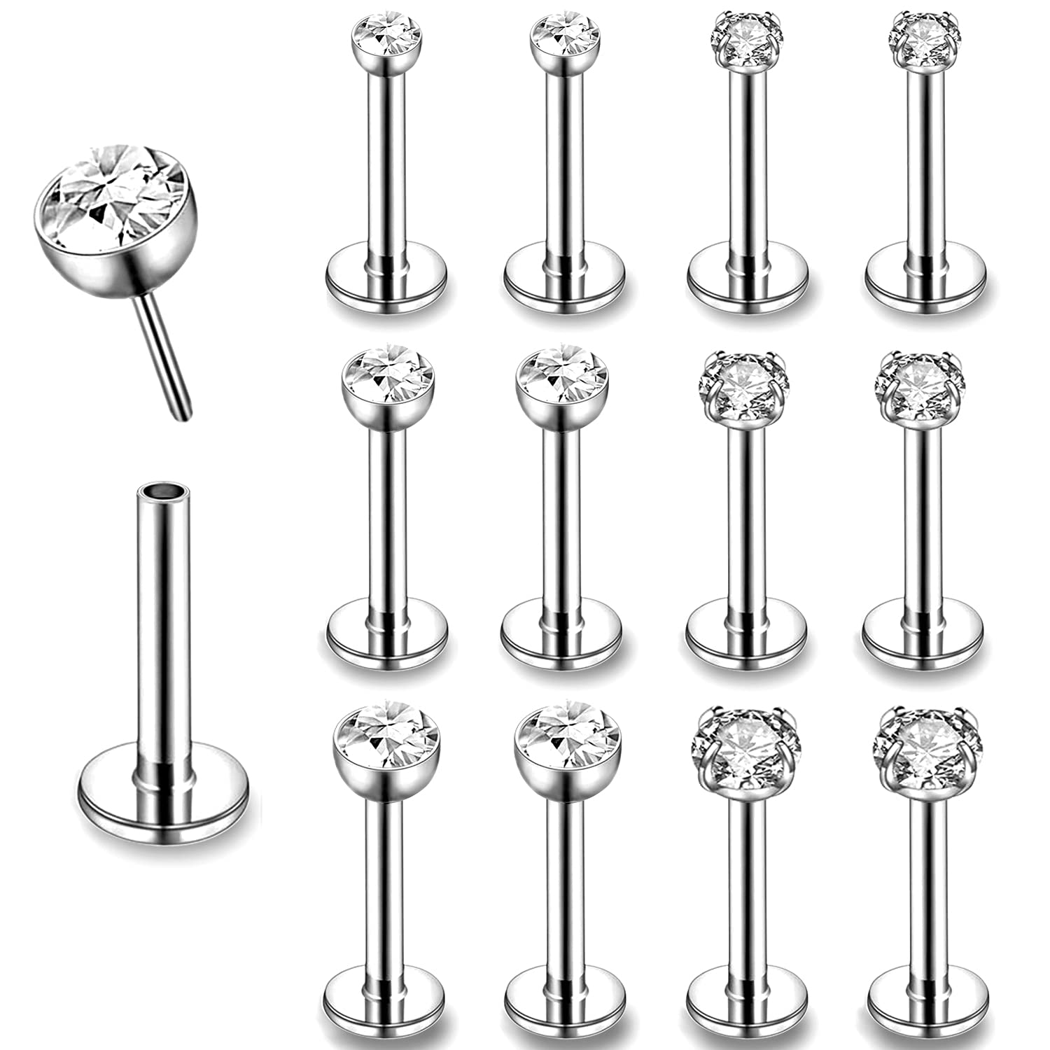ZS 12Pcs 16G Pushin Lip Rings, Stainless Steel Medusa Piercing Jewelry, 2mm 3mm 4mm CZ Forward Helix Earring, Labret Monroe Piercing Jewelry for Women