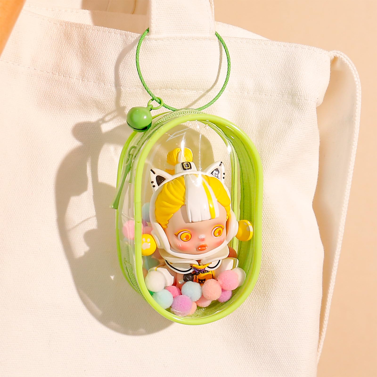 Clear Figures Display Bag, Portable Figures Storage Bag with Keychain, Mini Doll Hanging Blind Box, Single Zipper Closure Dustproof Collectibles Case for Mini Figures, Dolls (Green, Elliptic)