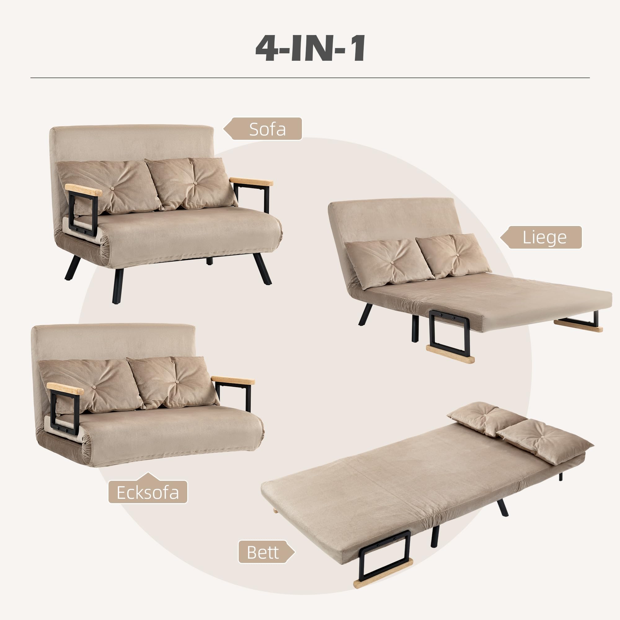 HOMCOM sofa rozkładana 4 w 1 2-osobowe z funkcją spania, 183 x 98,5 cm składana kanapa do spania z 5-stopniowo regulowanym oparciem, poduszką lędźwiową i welurowym wykończeniem dla salonu