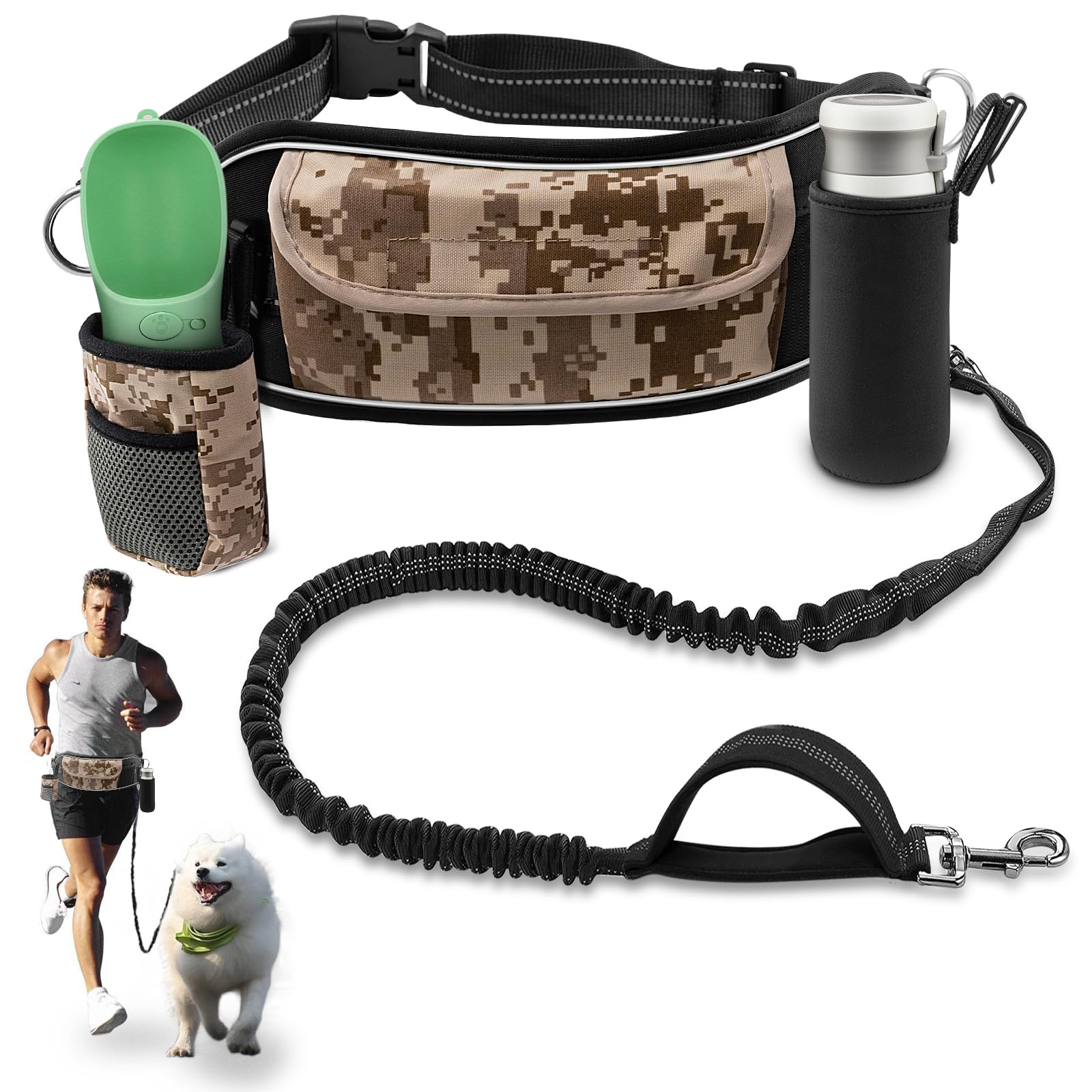 TECSPACEHands Free Dog Leash,Dog Running Leash Hands Free with Water Bottle,Rope Dog Leash Waist Leash for Dog Walking Jogging and Running (Desert Camouflage/XL)