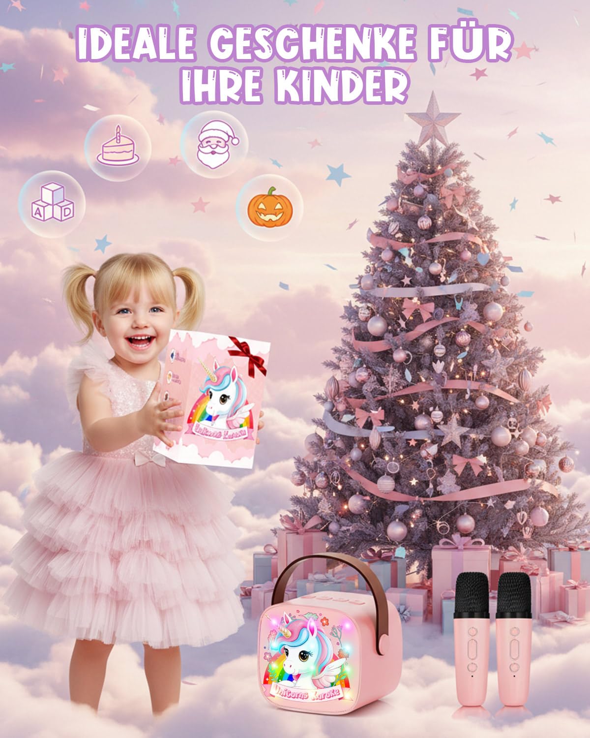 Einhorn Karaoke Maschine mit 2 Bluetooth Mikrofon Kinder, Einhorn Geschenke für Mädchen 3-13 Jahre, Tragbarer Karaoke Drahtlosen Mikrofon mit LED-Lichtern, Mädchen Geschenk Microphone