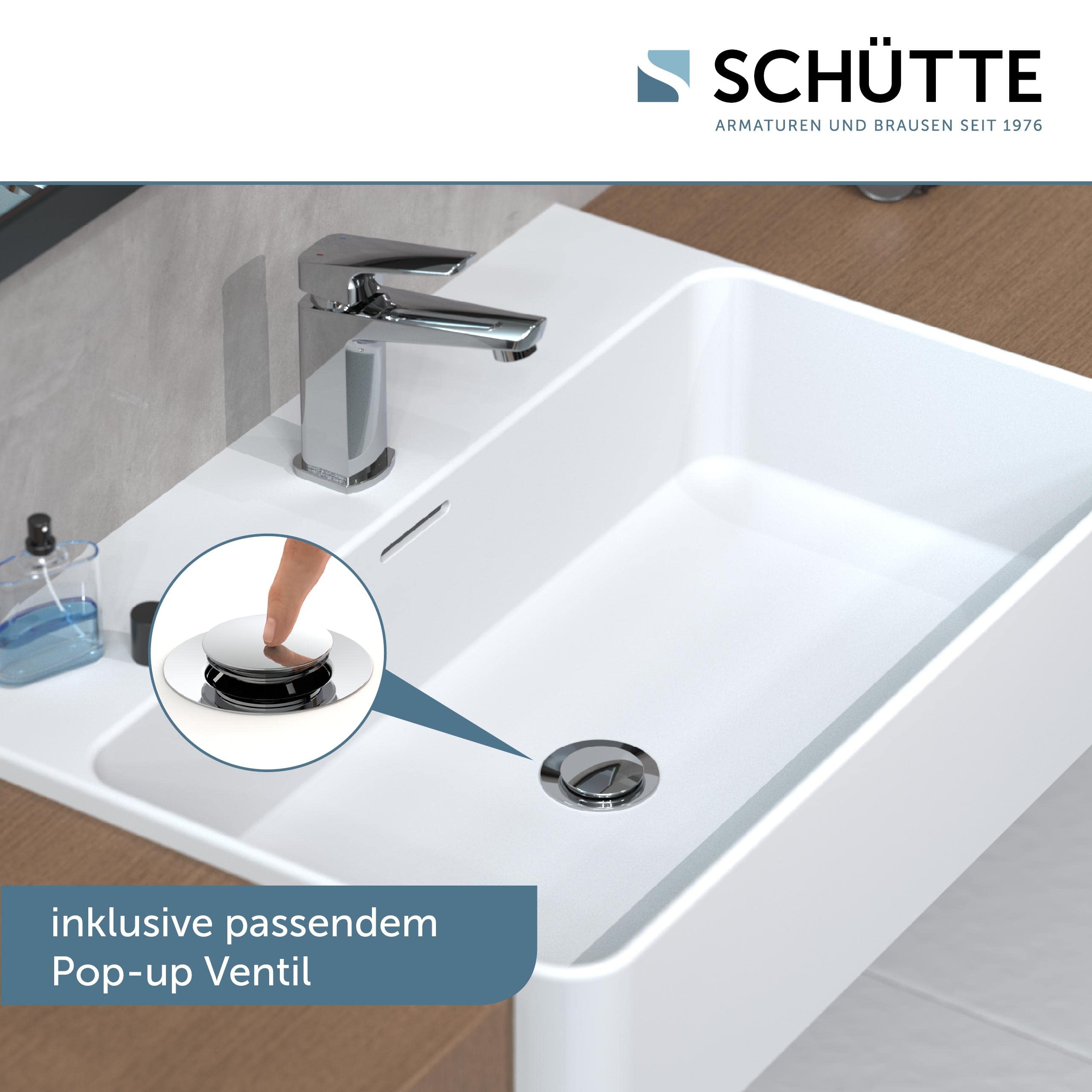 Schütte RAVEN waschtischarmatur bad, Wasserhahn Bad mit Ablaufgarnitur, Armatur Badezimmer, Einhebelmischer Badezimmer mit Pop Up Abflussstopfen, Mischbatterie Waschbecken, Chrom
