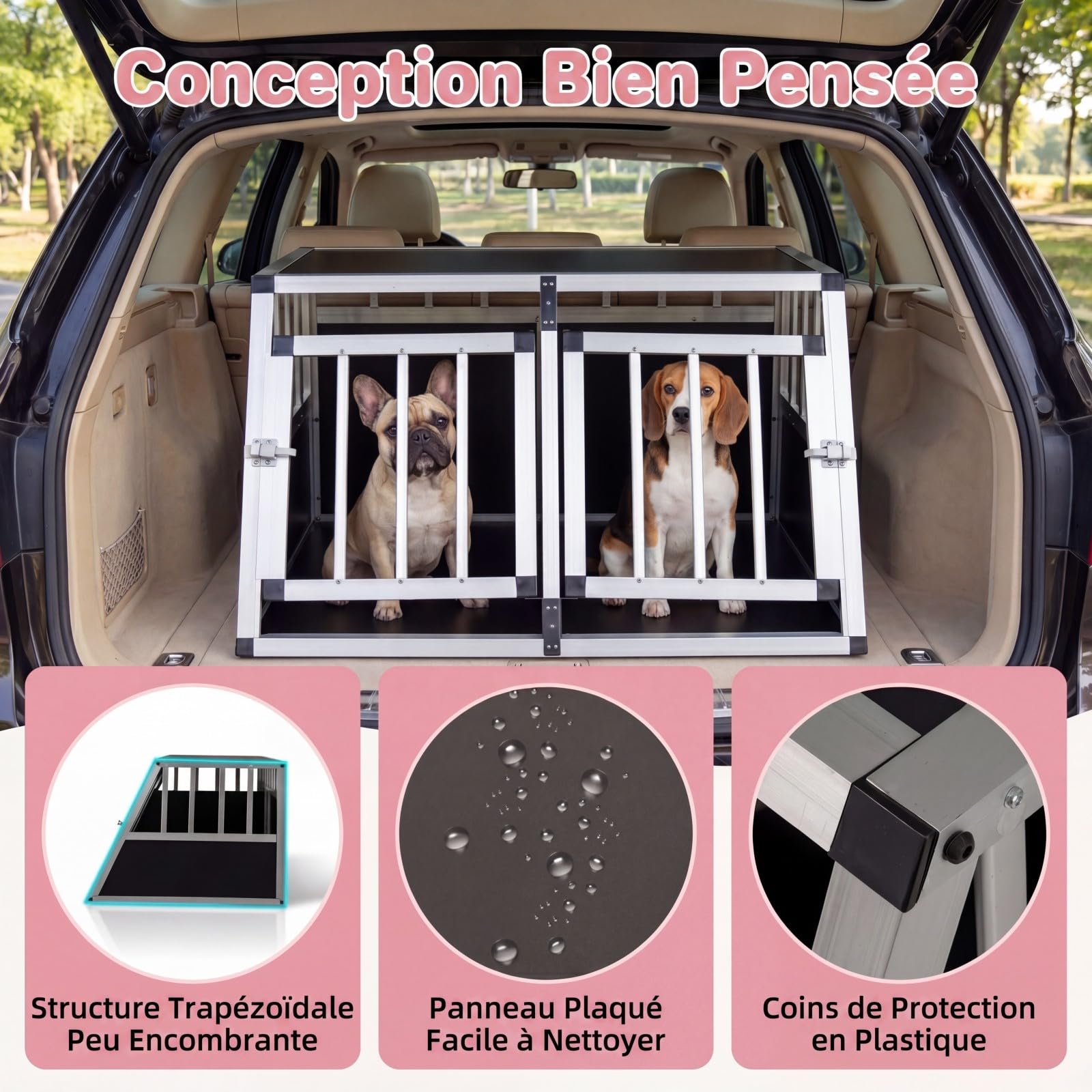 GYMAX Cage pour Chien avec Double Chambre, Séparateur Amovible, Porte Verrouillable, Niche avec Cadre Métallique, Caisse de Transport Voiture Trapézoïdale pour Petits Chiots, 80 x 65 x 48 cm